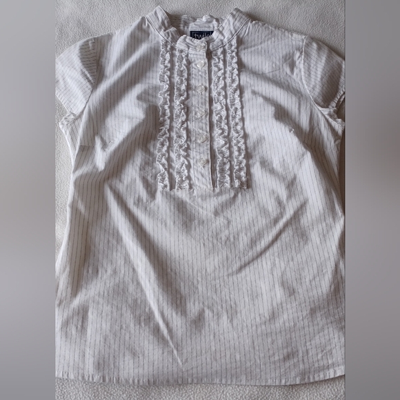 Twik white/black pinstripe ruffle-front cap-sleeve dress shirt (NWOT) - Picture 4 of 4